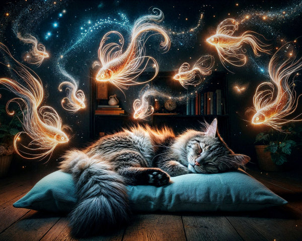 Fluffy Cat Sleeping with Glowing Fish in Dreamy Atmosphere