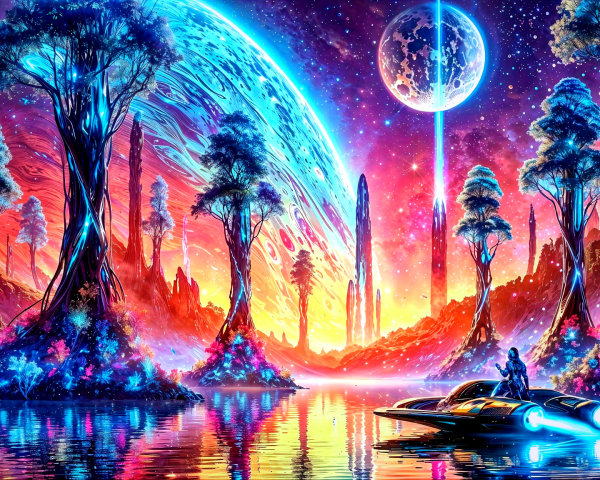 Vibrant Sci-Fi Landscape with Luminescent Trees and Lake