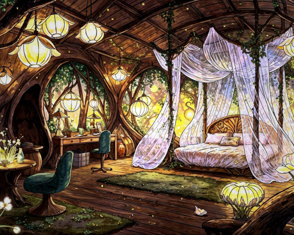 Enchanted Room with Cozy Bed and Nature Decor