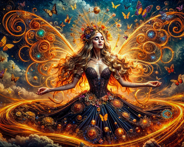 Beautiful woman in ornate gown with butterflies and light