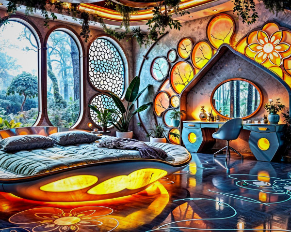 Vibrant Bedroom with Seashell-Shaped Glowing Bed