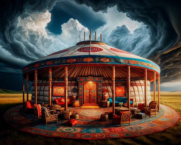 Adorned Yurt in Expansive Grassy Landscape Under Sky