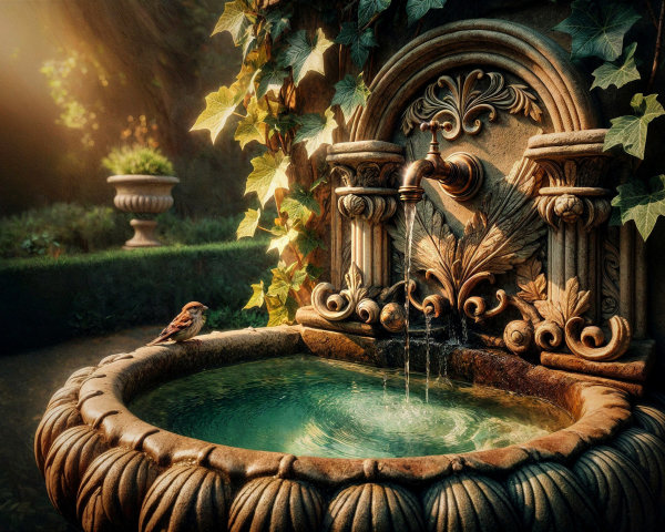 Intricate Stone Fountain in a Serene Garden Setting