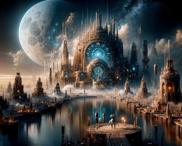 Futuristic cityscape with vibrant lights and architecture