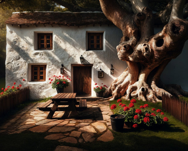 White-washed cottage with tree and garden details