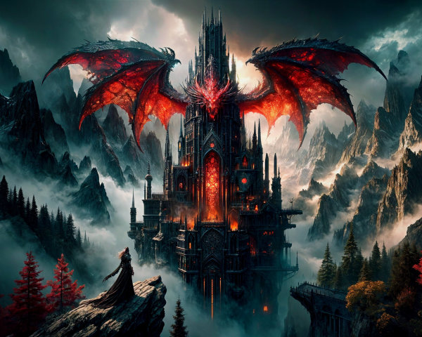Dark Castle with Dragon in Misty Mountain Landscape