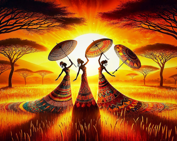 Traditional Dancers Under Sunset with Parasols