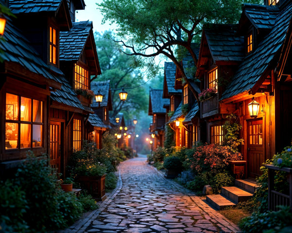 Narrow Cobblestone Street in Quaint Village at Twilight