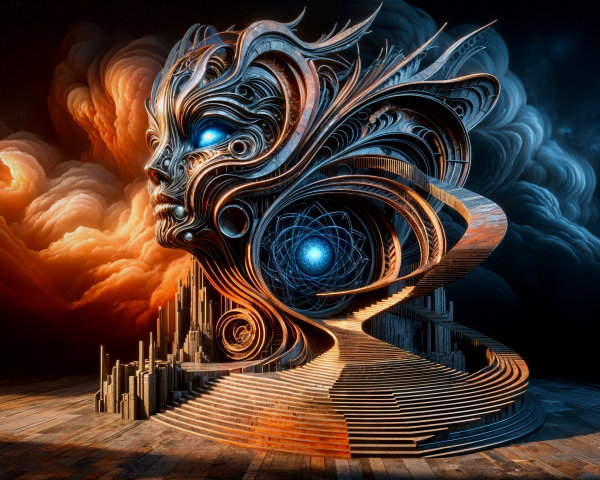 Surreal Landscape with Colossal Face and Vibrant Eyes