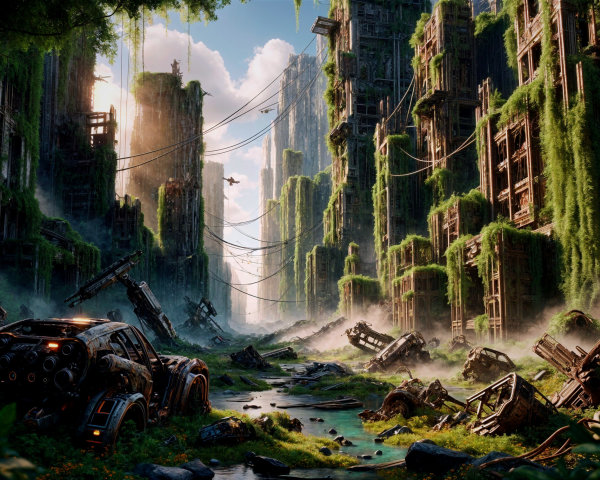 Lush Post-Apocalyptic Cityscape with Nature Reclamation