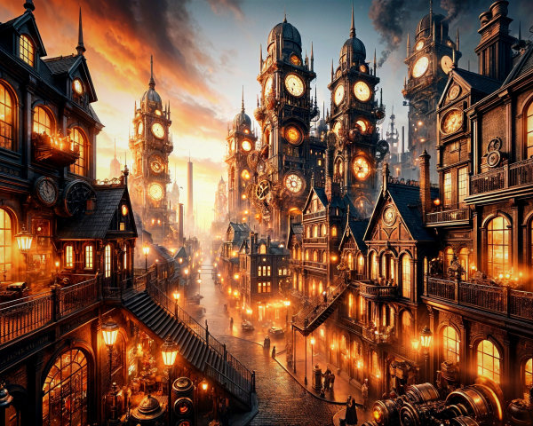 Steampunk Cityscape with Clock Towers and Vintage Lights