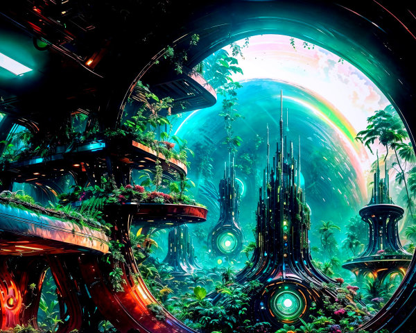 Futuristic landscape with luminescent structures and greenery
