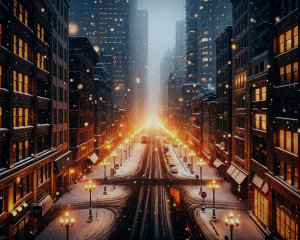 Snowy Urban Night Scene with Warm Golden Lights
