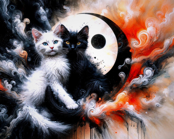 Illustration of White and Black Cats in Yin Yang Theme