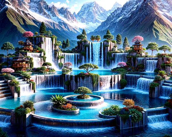 Cascading Waterfalls in a Serene Mountain Landscape