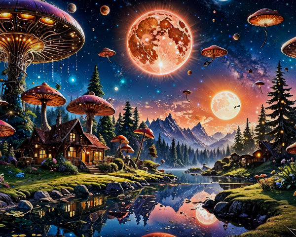 Whimsical Landscape with Bioluminescent Mushrooms