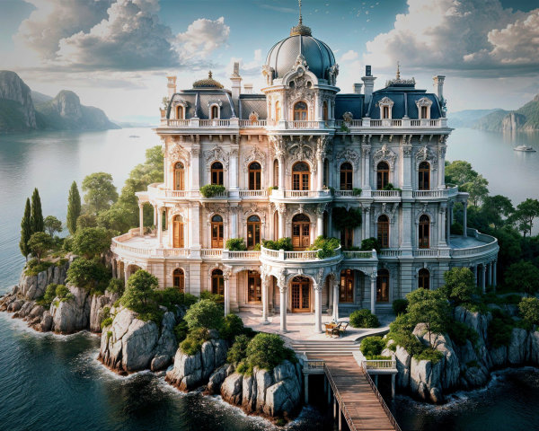 Majestic mansion on a rocky island with serene waters