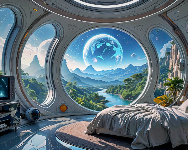 Futuristic Bedroom with Alien Landscape View
