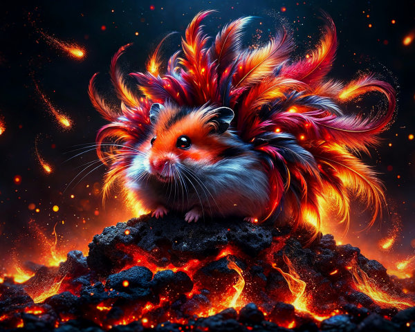 Whimsical Hamster on Volcanic Rock with Fiery Feathers