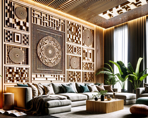 Modern Living Room with Light Sofa and Wooden Wall