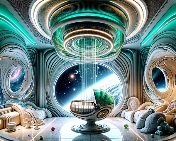 Futuristic Room with Curved Walls and Cosmic View
