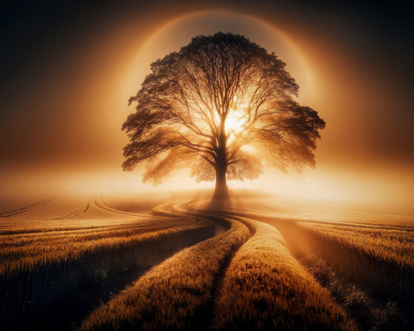 Majestic tree in field at sunrise with golden mist