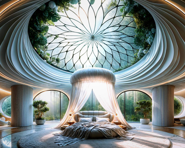 Futuristic bedroom with skylight and curved walls