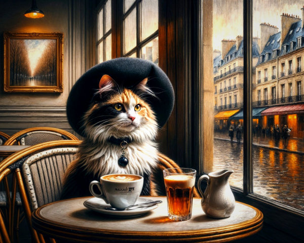 Cozy café scene with a stylish cat and rain-soaked streets