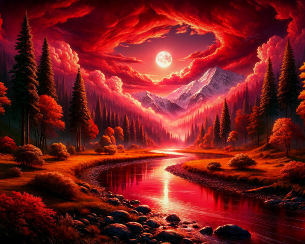Winding River Landscape with Mountains and Red Moon