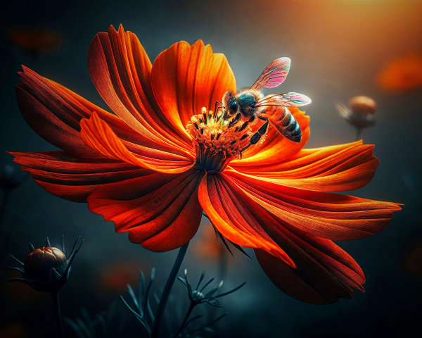 Vibrant Orange Flower with Bee in Soft Focus