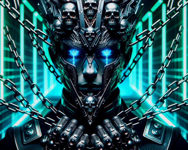 Futuristic cyborg in a neon-lit sci-fi environment