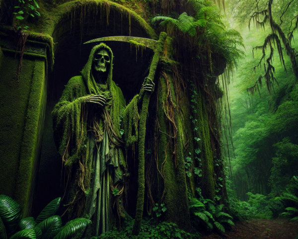 Moss-Covered Skeletal Statue in Forest Setting