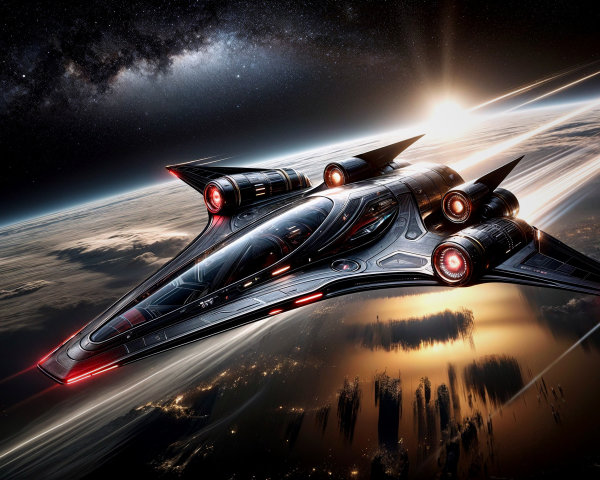 Futuristic spaceship in cosmic scene with Earth backdrop