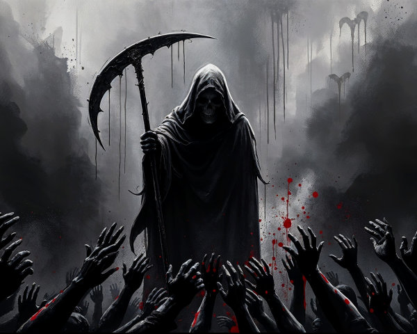 Cloaked Figure with Scythe in Eerie Landscape