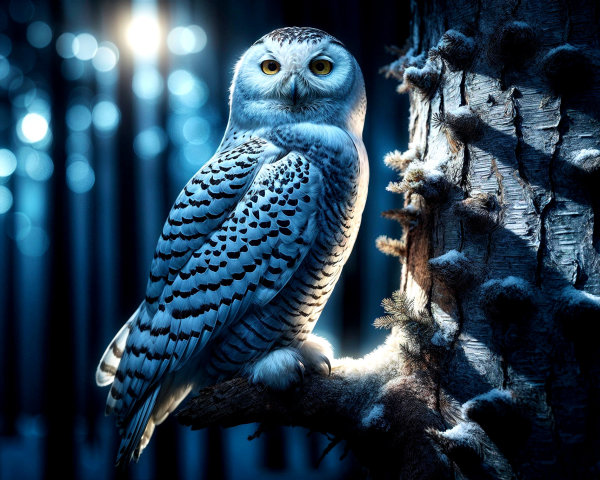 Snowy Owl on Tree Branch in Misty Forest Light