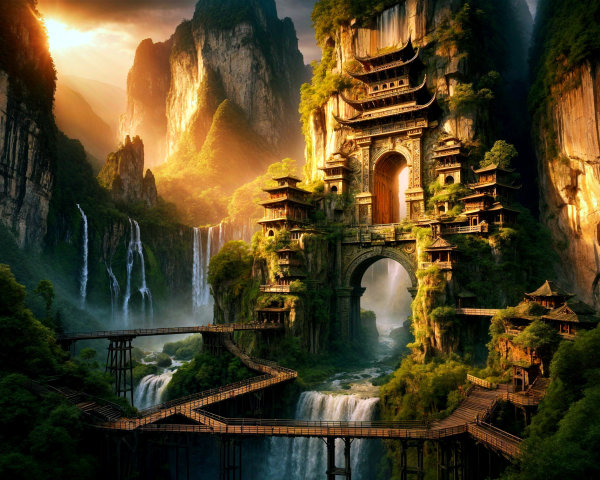Ancient Structure Surrounded by Cascading Waterfalls