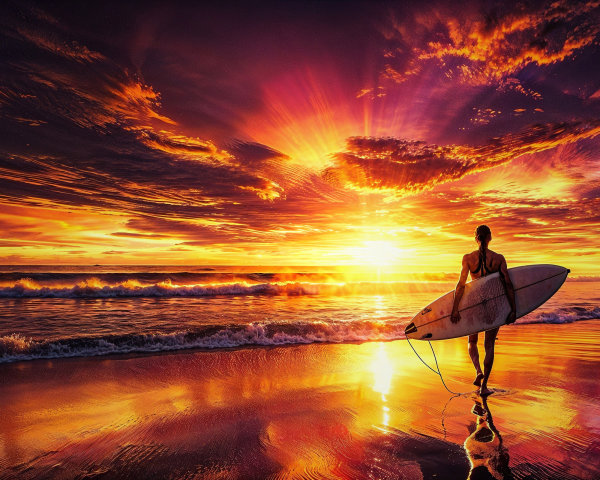Surfer at Sunset on Tranquil Shoreline Scene
