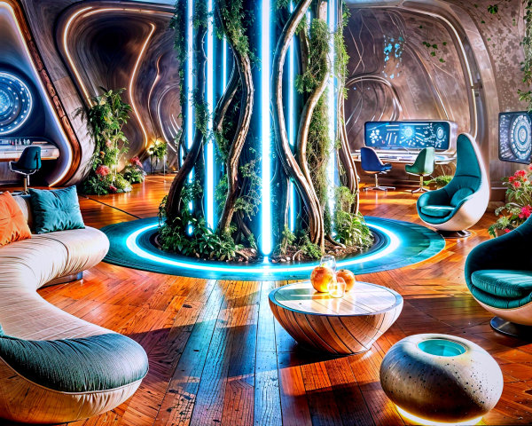 Futuristic lounge with organic furniture and greenery