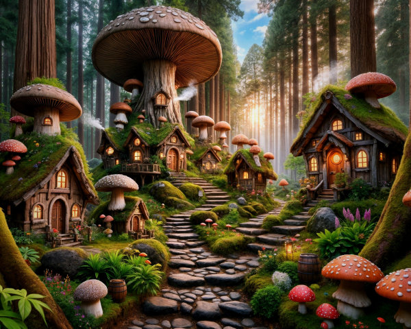 Whimsical Village with Mushroom Roofs and Lush Greenery