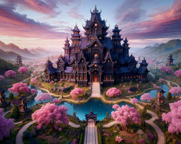 Fantasy Landscape with Palace and Cherry Blossoms