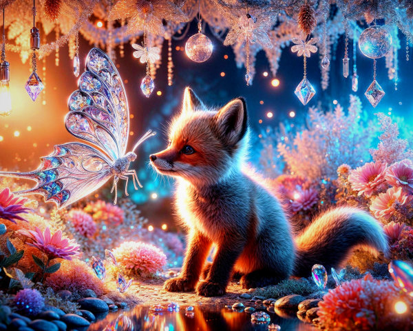 Curious fox and shimmering butterfly in enchanted glade