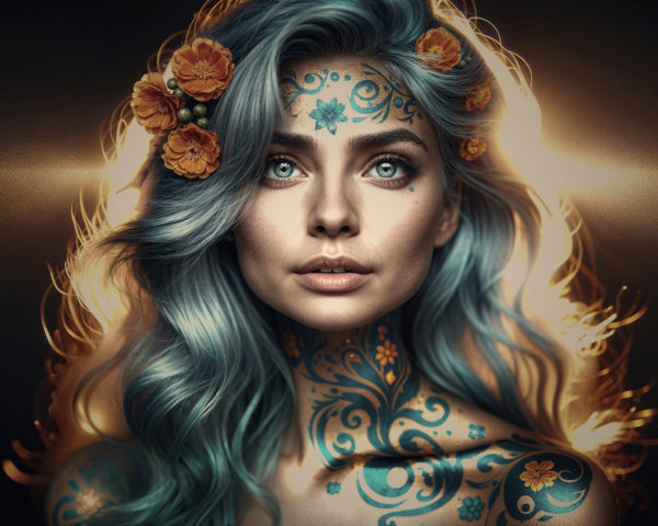 Woman with Blue Hair and Floral Tattoos in Soft Light