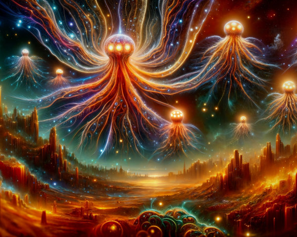 Surreal Cosmic Landscape with Ethereal Jellyfish Entities