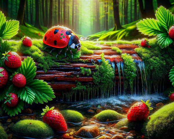 Vibrant Forest Scene with Ladybug and Strawberries