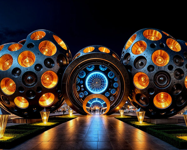 Modern Nighttime Installation with Spherical Structures