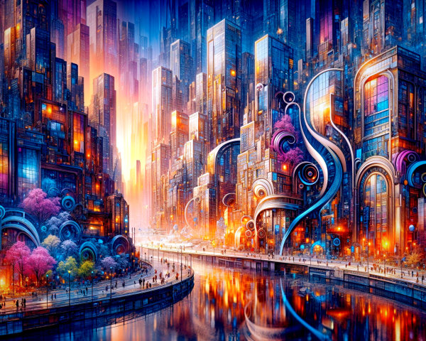 Vibrant Futuristic Cityscape with Cherry Blossoms