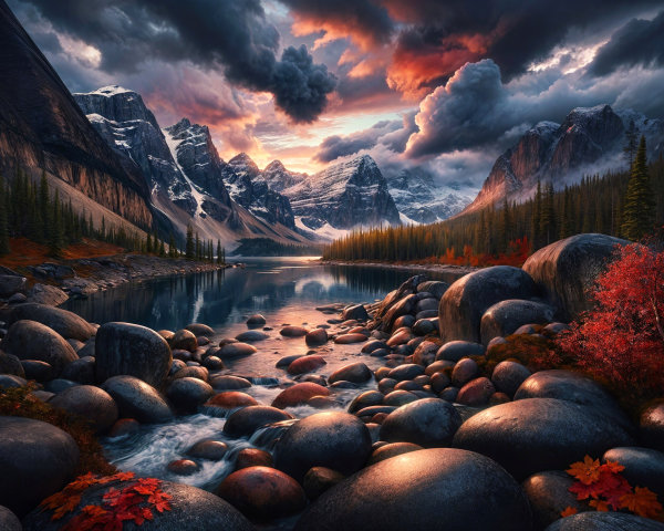 Dramatic Mountain Landscape with Reflective Lake