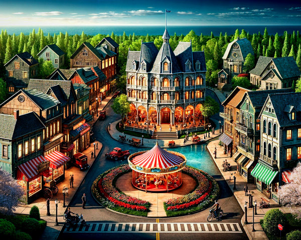Vibrant Town Square with Victorian Buildings and Carousel
