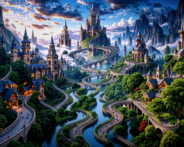 Fantasy Landscape with Castle, Mountains, and Village