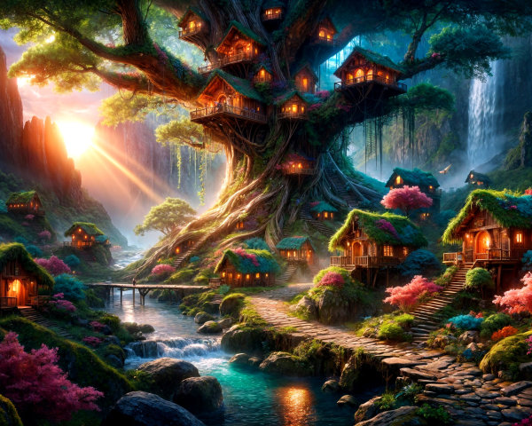 Majestic Tree with Treehouses in Vibrant Landscape